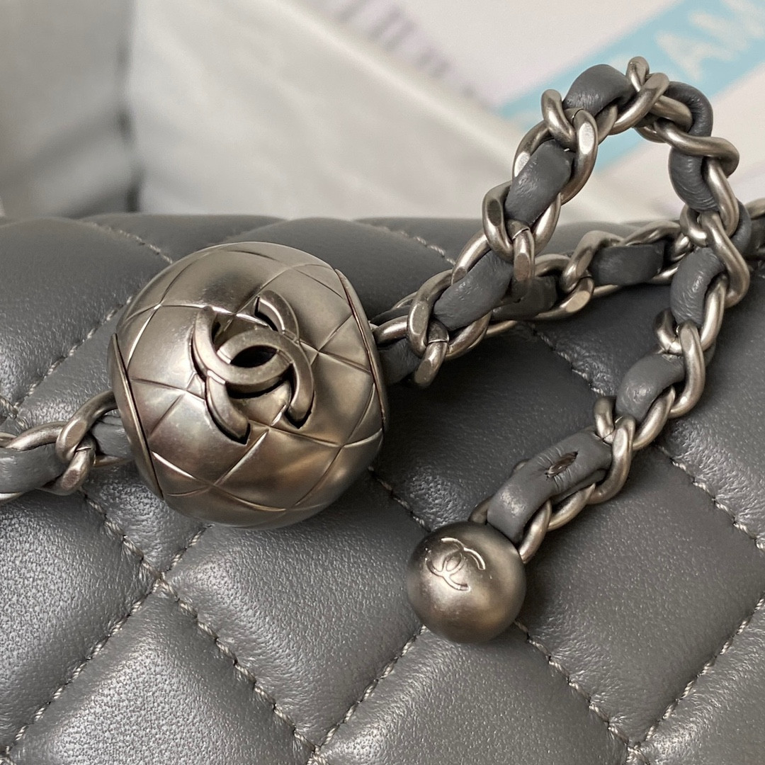 Ch*el mini flap bag shiny calfskin & silver-tone metal gray 4.7 × 7.8 × 2.3 in