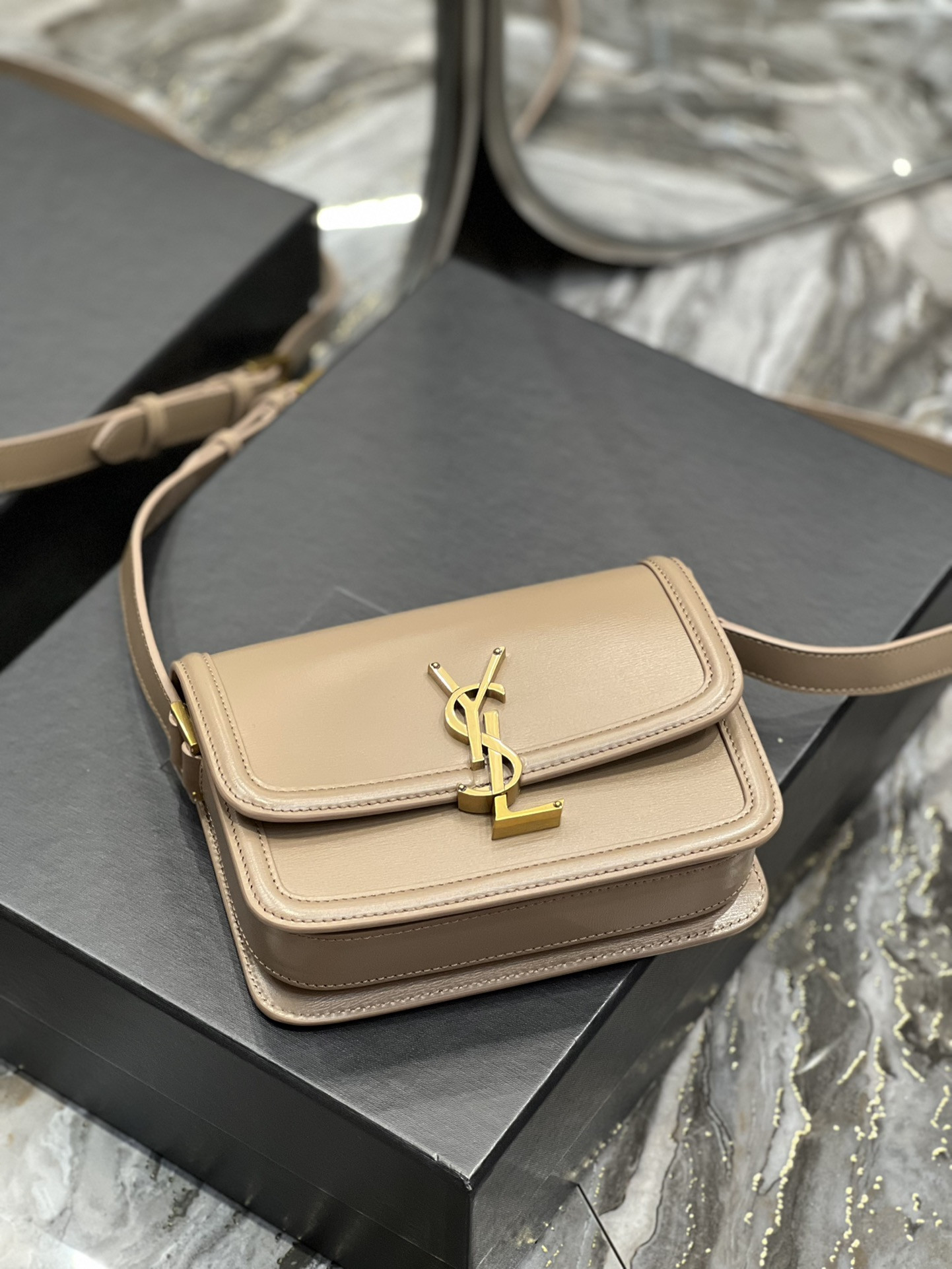 y*l solferino small satchel in box Sa**t Lau*nt pink 7.4 x 5.1 x 1.9 inches